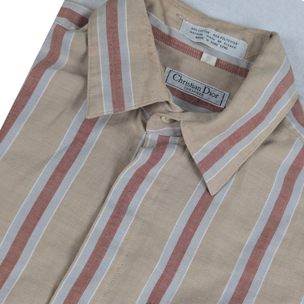 Christian Dior Chemises Striped Men's Button Down Shirt Tan Terracotta Size M